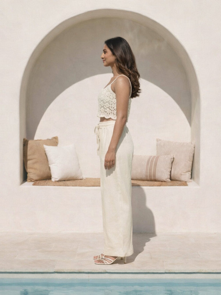 Women's Cream Cotton High-Rise Paperbag Extra Wide Leg Trousers