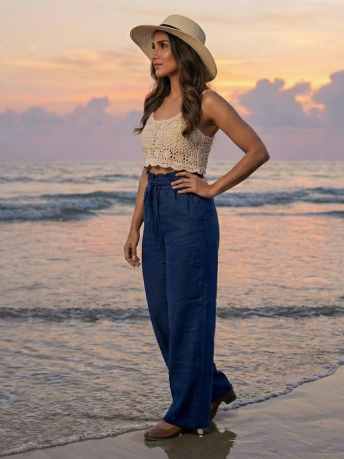 Midnight Breeze Navy Blue Ruffle Trim Wide-Leg Trousers