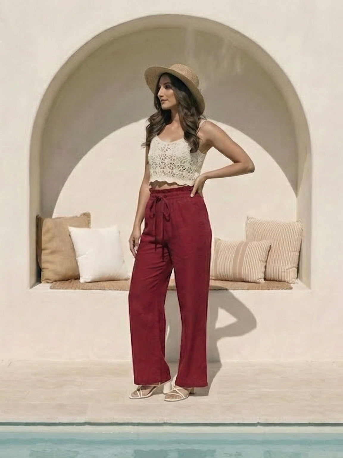 Women's Merlot High-Rise Paperbag Cotton Wide Leg Trousers