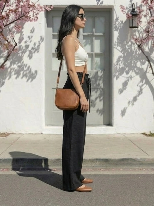 Women's Black High-Rise Paperbag Waist Wide Leg Office & Casual Trousers