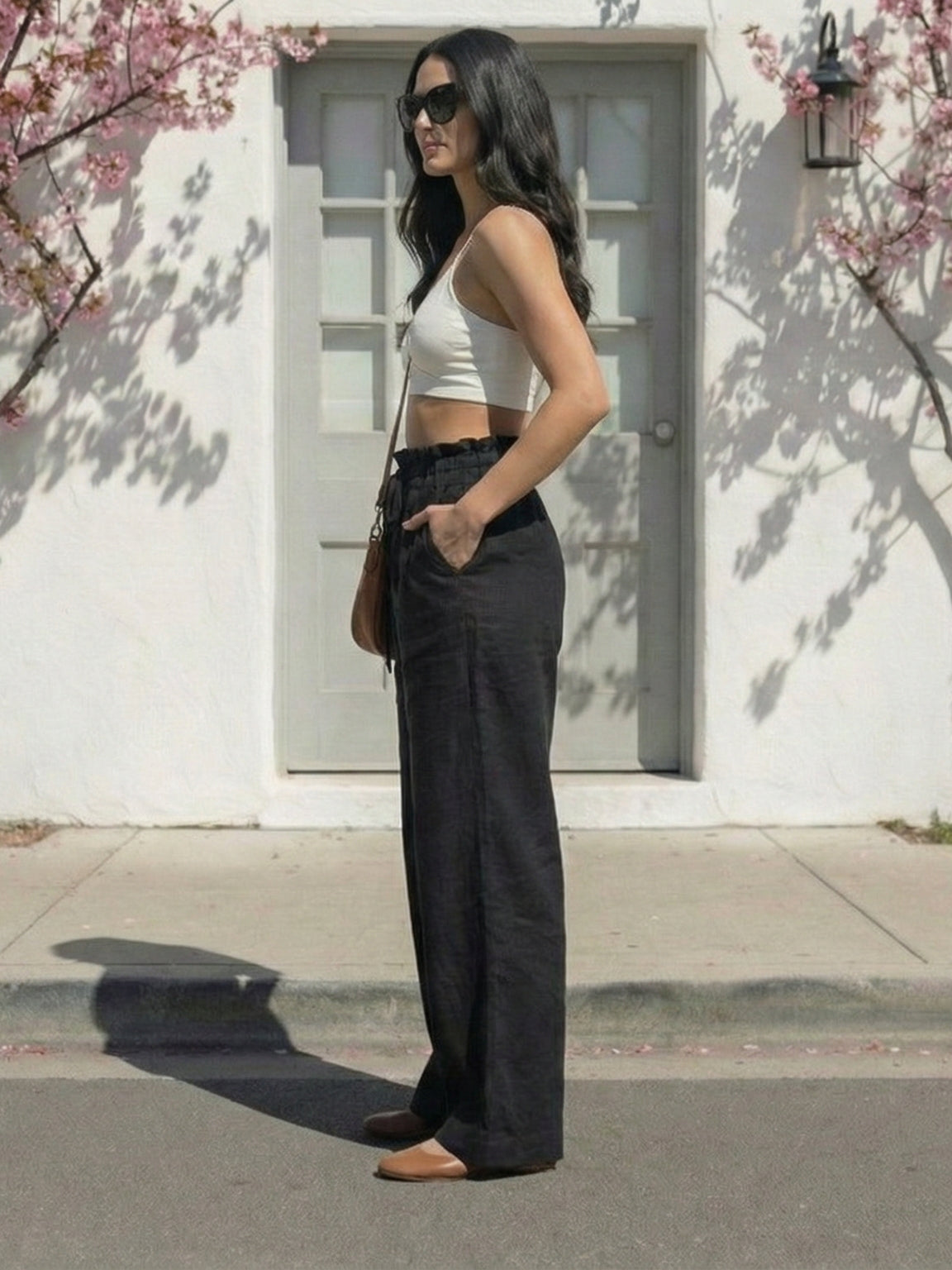 Women's Black High-Rise Paperbag Waist Wide Leg Office & Casual Trousers