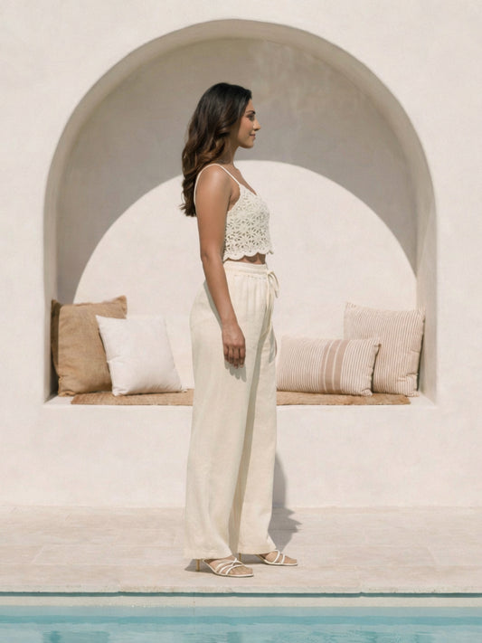 Women's Cream Cotton High-Rise Paperbag Extra Wide Leg Trousers