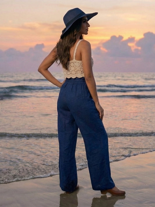 Midnight Breeze Navy Blue Ruffle Trim Wide-Leg Trousers