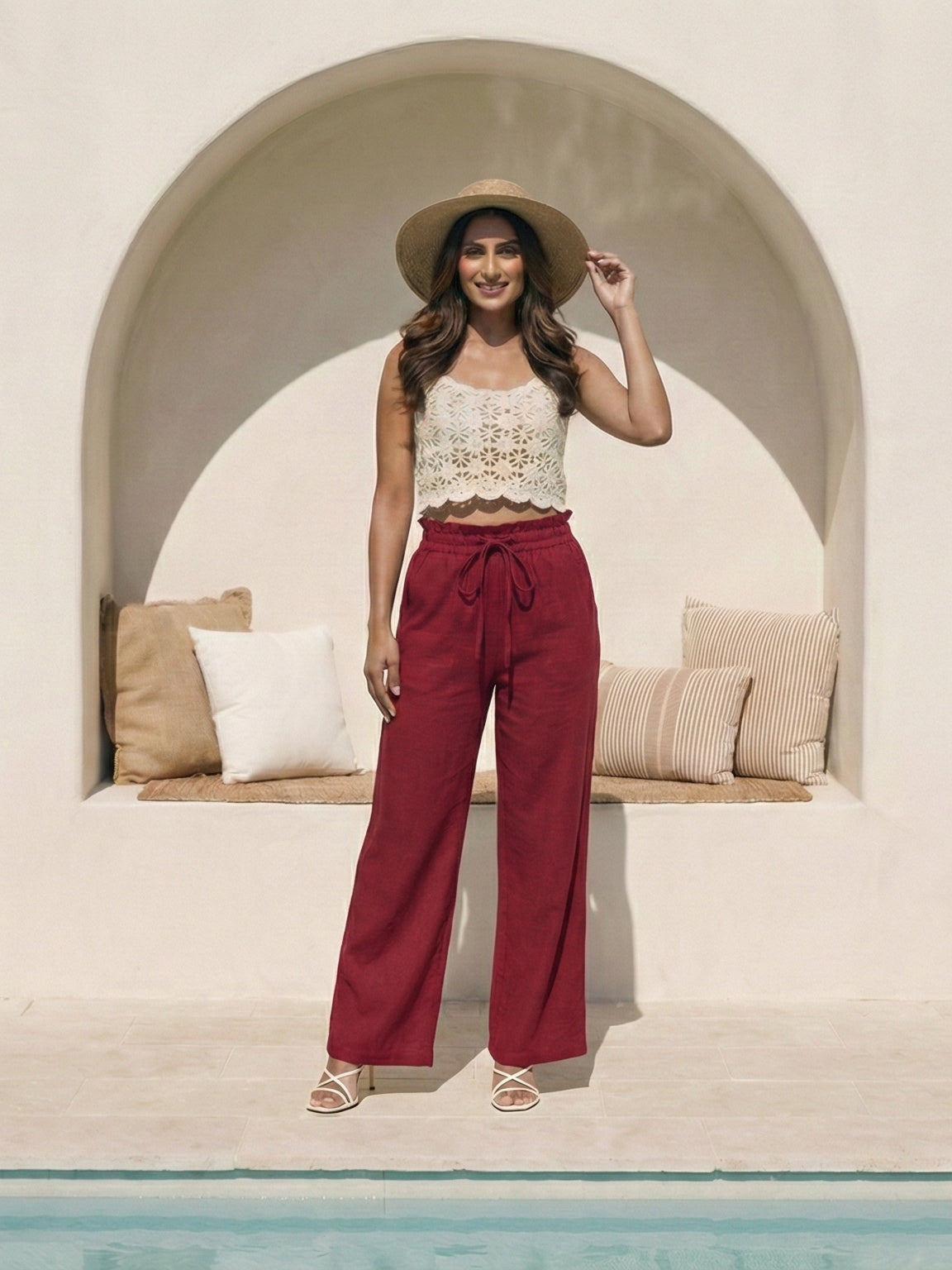 Women's Merlot High-Rise Paperbag Cotton Wide Leg Trousers