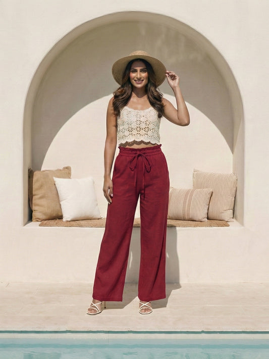 Women's Merlot High-Rise Paperbag Cotton Wide Leg Trousers